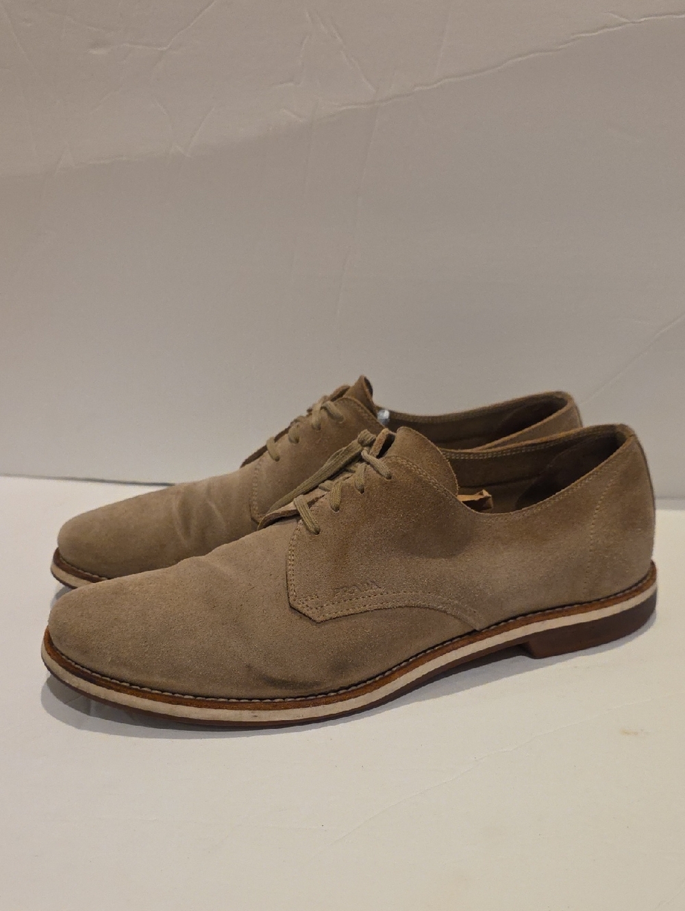 Prada Men's Suede Nubuck Buck Derby Shoes in Light Taupe Size 8